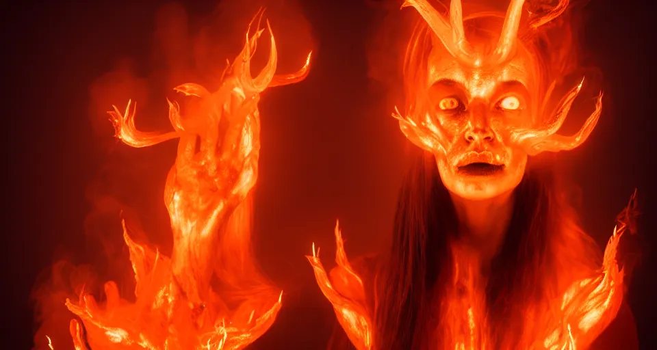 Prompt: portrait of a woman with horns made of flames in the wisps of thick smoke, horror, creepy vibe, looking into the camera, nightmare fuel, studio photography, studio lighting, realistic render, octane render, 4 k, 8 k, face in focus