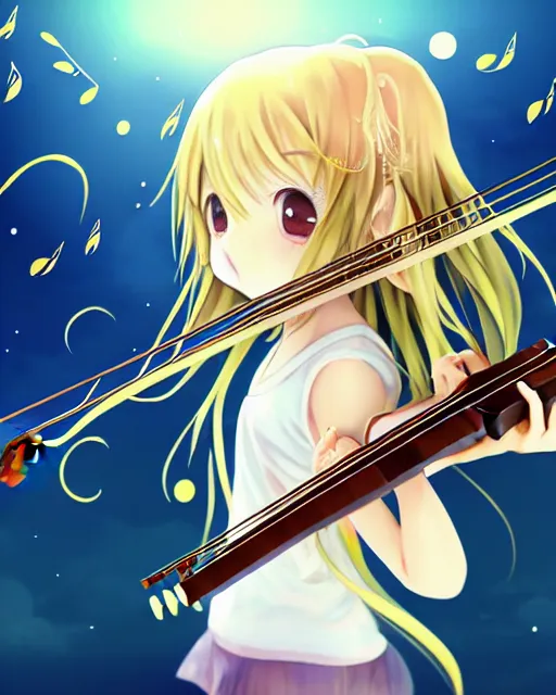 Image similar to anime style, chibi, full body, a cute girl with white skin and golden long wavy hair holding a violin and playing a song, heavenly, stunning, modern art, lunar time, trending art, sharp focus, centered, landscape shot, happy, fleeting dream, simple background, studio ghibly makoto shinkai yuji yamaguchi, by wlop