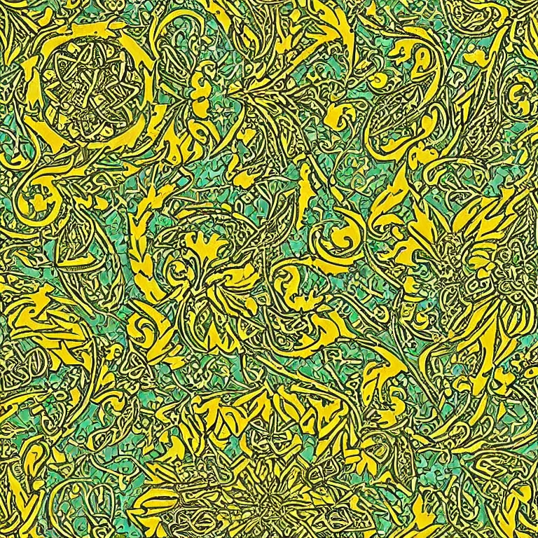 Image similar to medieval celtic arabic ornament with mystic birds and flowers, highly detailed, green and gold, seamless, symmetrical, radial symmetry, bird in the center, fractal