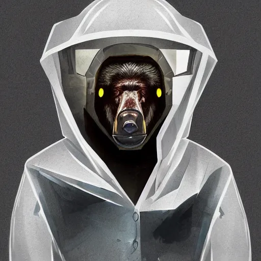 Image similar to portrait of full body bear beast-man wearing a hazmat suit, digital art, concept art, highly detailed, sharp focus