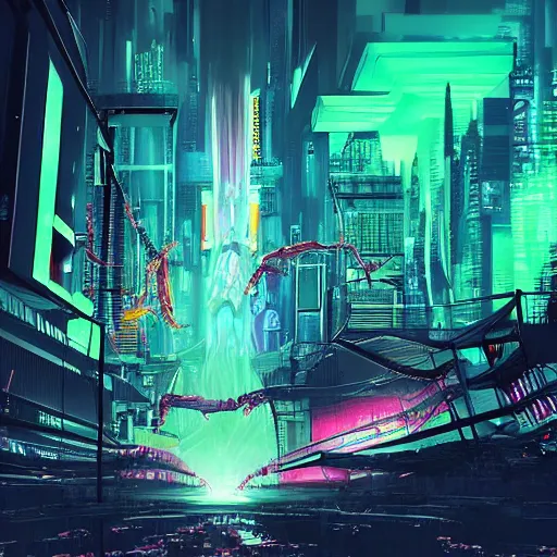 Image similar to Very very very horrific cyber-demon, cyberpunk style, vivid colors, dramatic lighting, top post of all time on /r/ImaginaryLandscapes subreddit