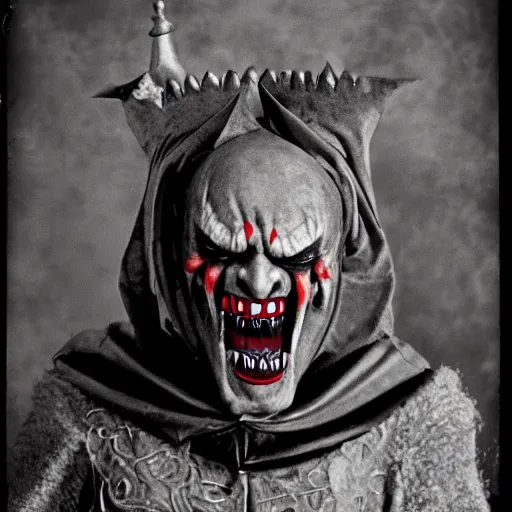 Image similar to vladimir putin demonic horror jester face, in teletubby costume, polaroid black and white picture, 1 9 th century, scary horrifying satanic rituals, hell gate warhammer 4 0 k style