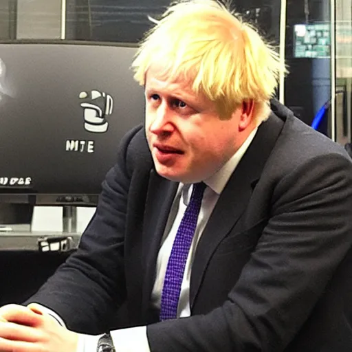 Image similar to Boris Johnson nervously playing video games at a E sports event on a team