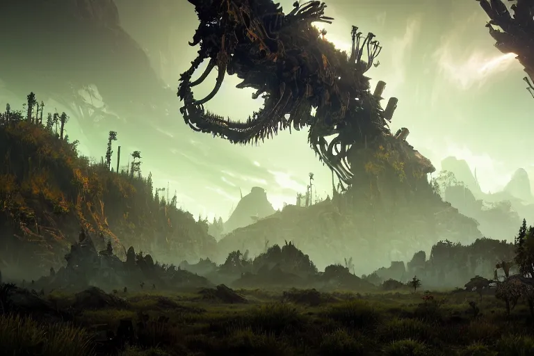 Image similar to wide epic shot from horizon forbidden west. a hyper detailed organic mechanic creatuve realistic similar look as horizon forbidden west horizon zero dawn, bioluminiscence in a dark deep forest at dawn in spring, with reflection and textures, by kilian eng, substance painter reaslitic mech surface metal painted scratches, world env from horizon forbidden west horizon zero dawn