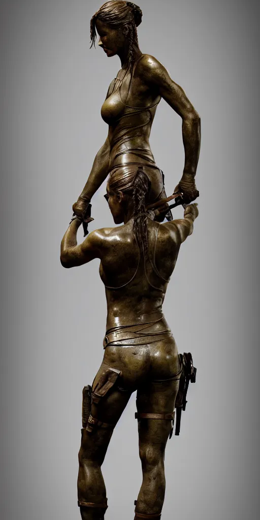 Image similar to detailed photo of an old bronze patina statue of a beautiful lara croft posing for a full body portrait, photorealismintricate detail, museum diffuse lighting