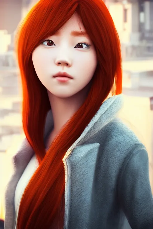 Prompt: hyperrealistic portrait of stunningly beautiful redhead korean girl, lit in a dawn light, busy city on background, trending on artstation,ultrawide angle, f8 , polarizer , unreal engine