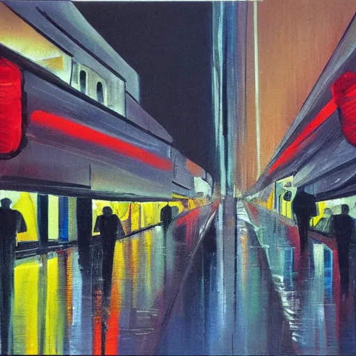 Prompt: city streetscape, dark road with cars, people at night, tall buildings with shops below at street level, neon lights above shops, headlights and stop lights illuminating surroudings, raining, very dark lighting, abstract oil painting, 1 9 8 2 aesthetic