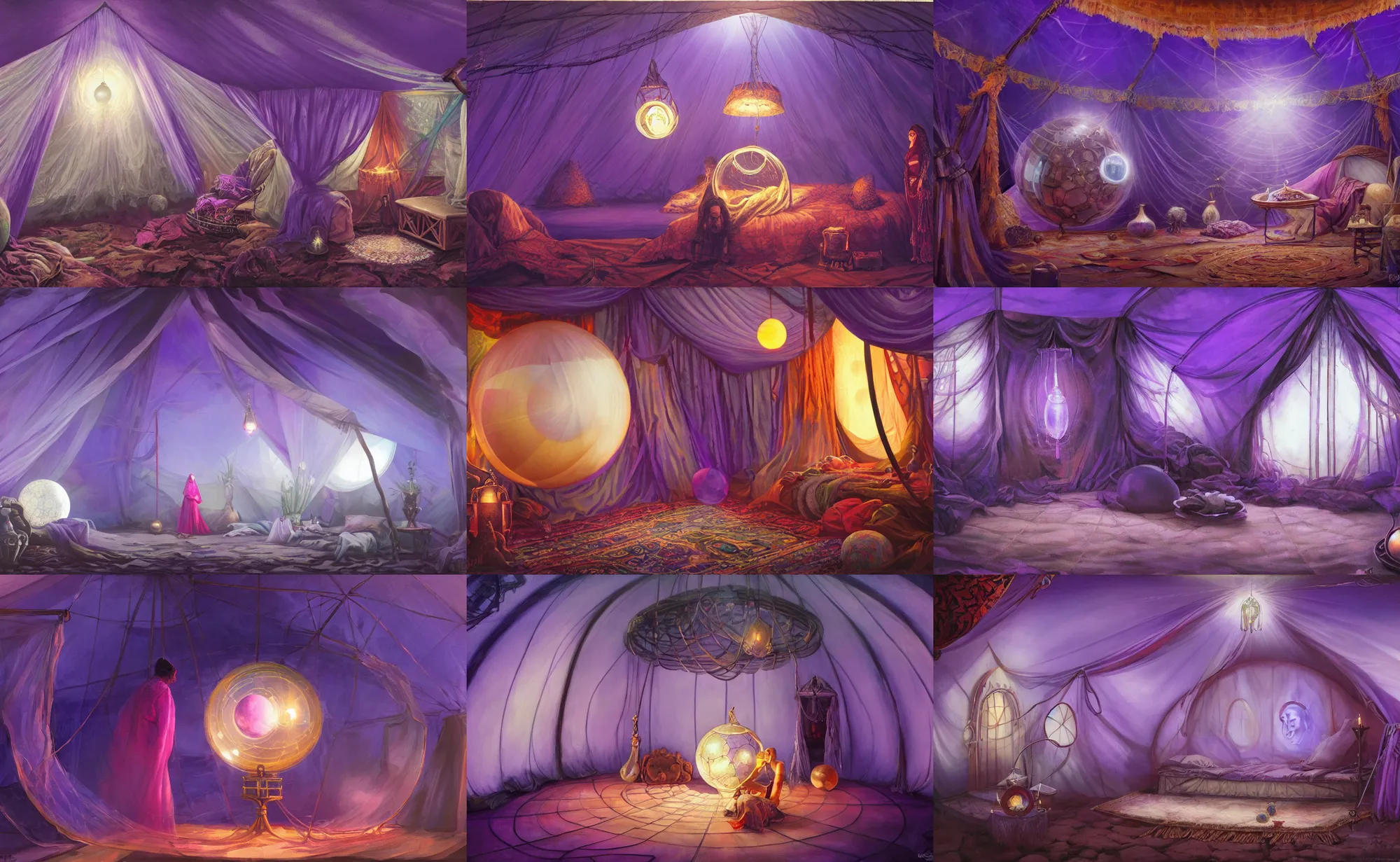 Prompt: inside of a large + gypsy tent with a crystal ball, looking to the entrance, purple ambient light, light fog, mysterious artwork by gerald brom, 4 k