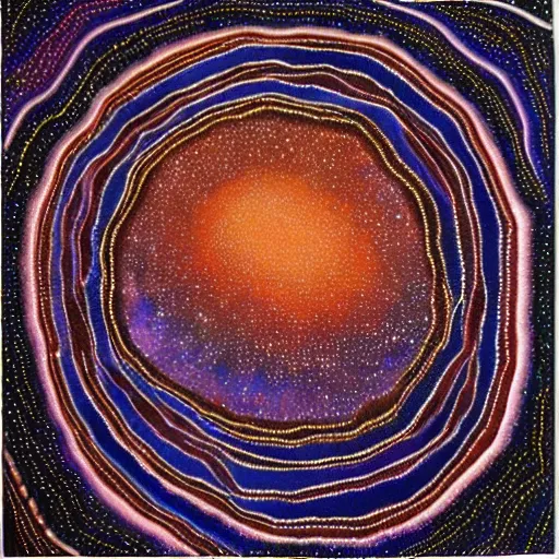 Image similar to the phantom galaxy painted in the style of australian aboriginal art, detailed painting, dot painting, dreamtime, pastel blush color palette, indigenous, ochre papunya tula,