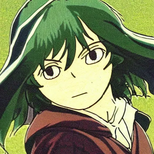 Image similar to peregrin took from the anime lord of the rings (1986), dark hair, green cape, hobbit, studio ghibli, very detailed, realistic