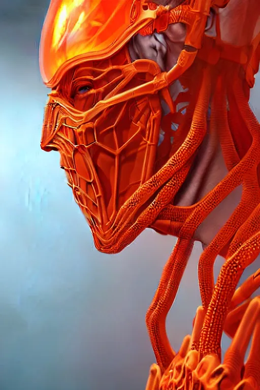 Image similar to hyperrealistic close-up translucent intricate exoskeleton!! sad chinese man covered highly detailed concept art eric zener elson peter cinematic side soft orange light high angle hd 8k sharp shallow depth of field