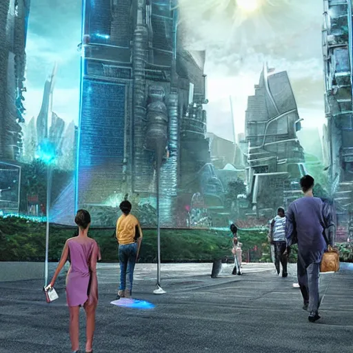 Prompt: alien city with holographic people walking, hyper realistic