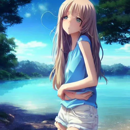 Image similar to a very beautiful anime girl, full body, long wavy blond hair, sky blue eyes, full round face, short smile, cute top, short jeans, summer lake setting, cinematic lightning, medium shot, mid-shot, highly detailed, trending on Artstation, Unreal Engine 4k, cinematic wallpaper by Stanley Artgerm Lau, WLOP, Rossdraws, James Jean, Andrei Riabovitchev, Marc Simonetti, and Sakimichan