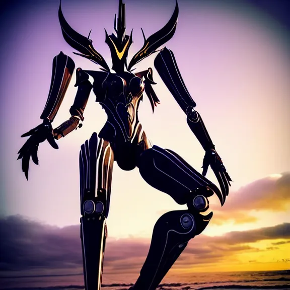 Image similar to looking up at a highly detailed 300 foot tall giant elegant exquisite beautiful stunning valkyr female warframe, as an anthropomorphic robot dragon, posing elegantly over your tiny form, detailed legs looming over you, camera on the ground, at the beach on a sunset, sleek streamlined design, matte black armor with pink accents, sharp detailed claws, detailed sharp robot dragon feet, worms eye view in front of giantess, giantess shot, camera close to the legs, upward shot, ground view shot, leg shot, front shot, epic cinematic shot, high quality warframe fanart, captura, realistic, professional digital art, high end digital art, furry art, giantess art, anthro art, DeviantArt, artstation, Furaffinity, 8k HD render, epic lighting