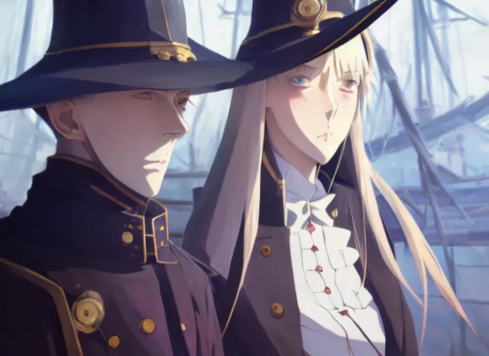 Image similar to portrait of lady maria, helm of second world war warship in background, illustration concept art anime key visual trending pixiv fanbox by wlop and greg rutkowski and makoto shinkai and studio ghibli and kyoto animation, symmetrical facial features, shoulder eyes, astral witch clothes, dieselpunk, realistic anatomy, gapmoe yandere grimdark, volumetric lighting, backlit