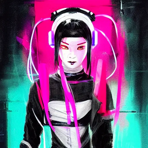 Image similar to stylized japanese girl ninja - cyberpunk, wearing urban techwear, neon lights and armor, painted in acrylic, in the colors hot pink and cyan, beautiful realistic face, spotlight, by greg rutkowski, by jeremy mann, by francoise nielly, by kunio okawara, yoshikazu yasuhiko, in focus, sharp lines