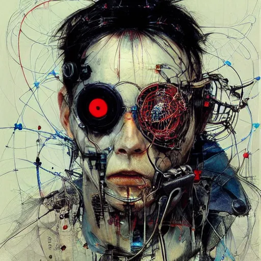 Image similar to a male cyberpunk hacker, skulls, wires cybernetic implants, machine noir dieselpunk grimcore, in the style of adrian ghenie esao andrews jenny saville surrealism dark art by james jean takato yamamoto and by ashley wood