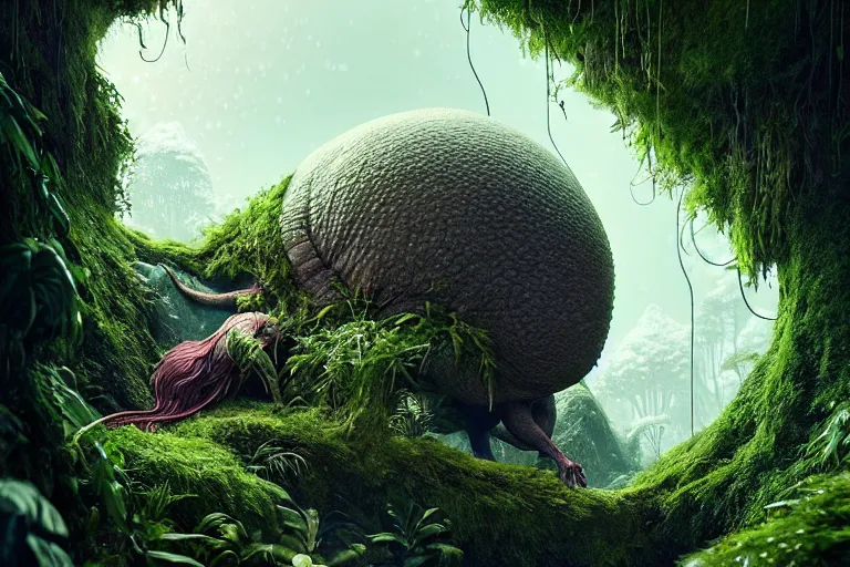 Image similar to a giant creature in a lush trunda vegetation, snow snow, spring : : by michal karcz, daniel merriam, victo ngai and guillermo del toro : : ornate, dynamic, particulate, intricate, elegant, highly detailed, centered, artstation, smooth, sharp focus, octane render, 3 d