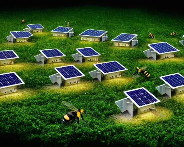 Prompt: connected ecovillage houses with solarpanel, very big bee and a cow is flying around - plant goddess high quality photo, microchip, artificial intelligence, bio - mechanical bio - luminescence, black wired cables, neurons, nerve cells, cinematic, rim light, photo - realistic, elegant, high detail, 8 k, masterpiece, high fashion, in the style of man ray