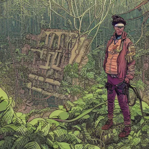 Prompt: hyper detailed comic illustration of a young male explorer wearing a cyberpunk headpiece sitting by a ruin in a dense and lush forest, by Josan Gonzalez and Geof Darrow, aerial view, highly detailed, 8k wallpaper
