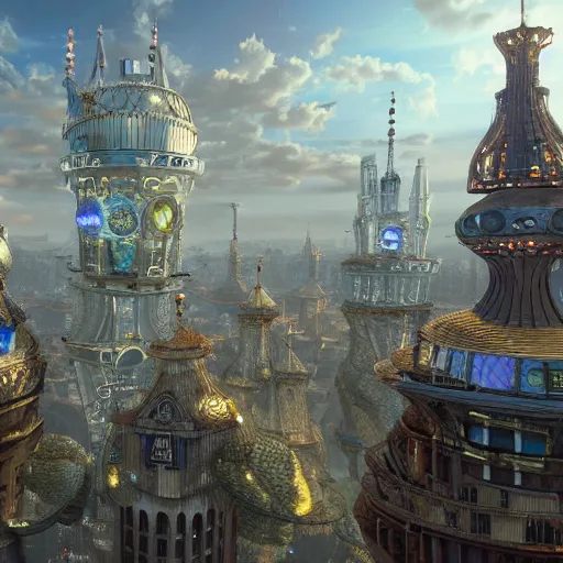 Image similar to enormous flying steampunk city in a faberge egg, sky, fantasy art, unreal engine,