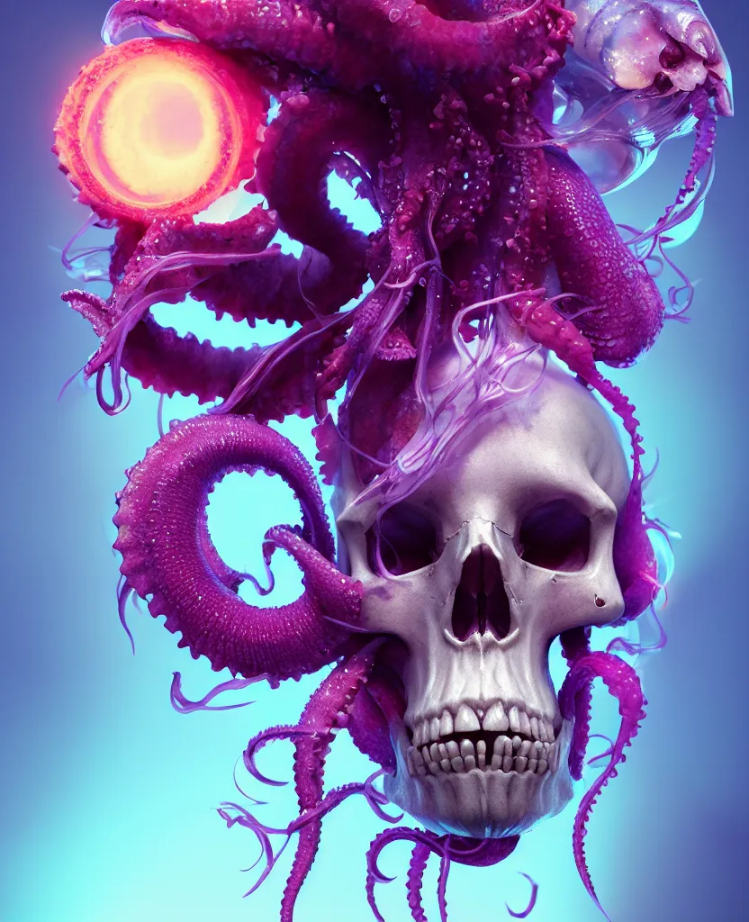 Image similar to goddess close - up portrait human skull, ram skull, squid phoenix jellyfish, orchid, betta fish, bioluminiscent, intricate artwork by tooth wu and wlop and beeple. octane render, trending on artstation, greg rutkowski very coherent symmetrical artwork. cinematic, hyper realism, high detail, octane render, 8 k