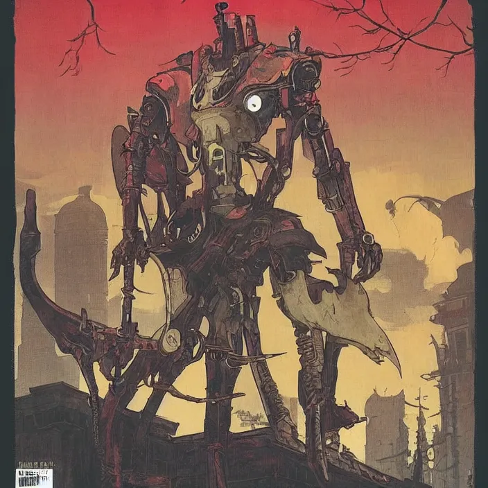 Image similar to a robot hunter from bloodborne in yharnam, style by retrofuturism, faded red and yelow, by malcolm smith, old comics in city, nicholas roerich, katinka reinke