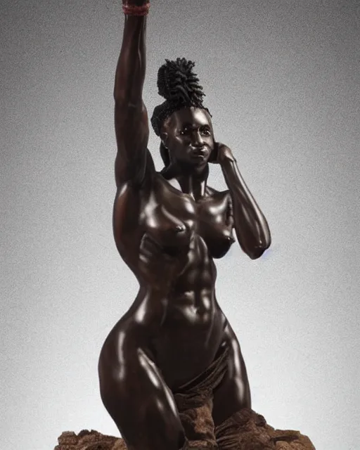 Image similar to a full figure rubber sculpture of a beautiful african warrior woman, by Michelangelo, dramatic lighting, wide angle lens