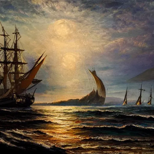 Image similar to a beautiful coastline with an ominous biopunk tower with glowing lights rising in the distance with a sailing ship in the foreground, painting by John Berkley