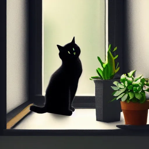 Image similar to peaceful dreamy painting of a content black cat sitting by a window, sunshine coming through the window, small plants on the window sill, 8k, highly detailed, trending on artstation, octane render