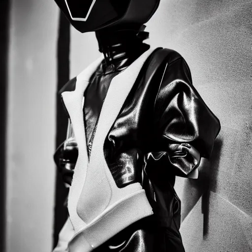 Image similar to fashion photography of an extraterrestrial model, wearing futuristic hip - hop streetwear fashion, inside berghain, berlin fashion, futuristic fashion, dark minimal outfit, photo 3 5 mm leica, hyperdetail, berghain, 8 k, very detailed, black and white