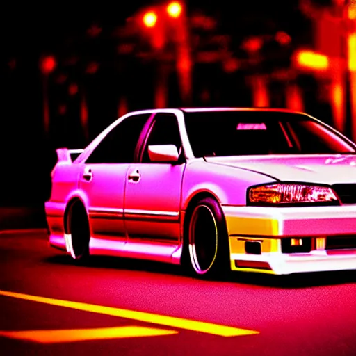 Prompt: a car Toyota Chaser twin-turbo at illegal car meet, Saitama prefecture, city sunset mist neon lights, cinematic color, photorealistic, highly detailed, 200MM