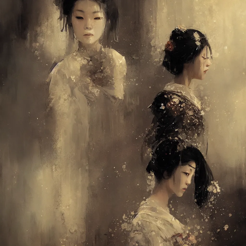 Image similar to female geisha girl, beautiful face, rule of thirds, intricate outfit, spotlight, by greg rutkowski, by jeremy mann