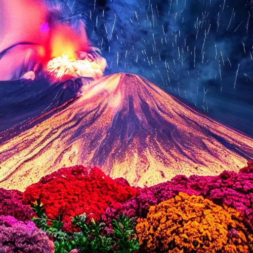Image similar to photo of a volcano in eruption with a lot of flowers and stars, highly detailled, 4 k