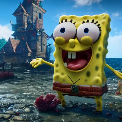 Prompt: Spongebob in The Witcher 3, gameplay, 8k, HD