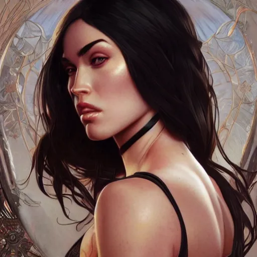 Image similar to ultra realistic illustration, buff megan fox anime, intricate, elegant, highly detailed, digital painting, artstation, concept art, smooth, sharp focus, illustration, art by artgerm and greg rutkowski and alphonse mucha and wlop