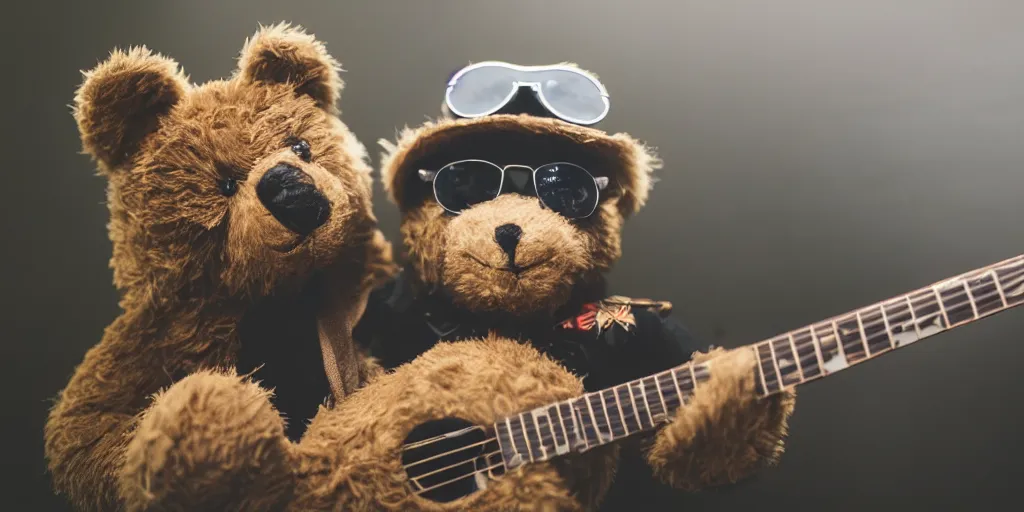 Prompt: a photograph of a teddybear he is holding a guitar and wearing sunglasses, he is a rockstar, vivid color, 50mm, depth of field