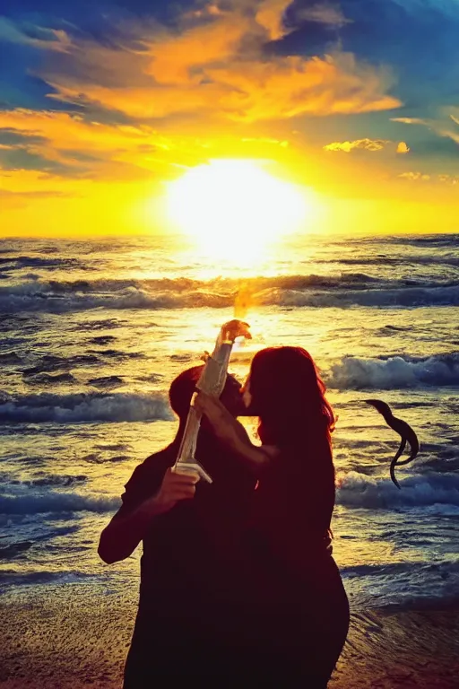 Image similar to Cthulhu photobombing a romantic selfie on a beach at sunset