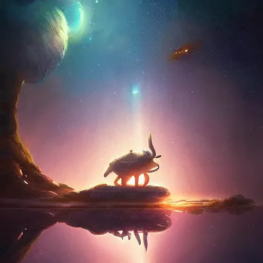 Image similar to Astronauts and some mythical animals are resting to the side of a reflecting lake, this is a surface of a planet with wacky wildlife, some planets and nebulas are as background, by Jordan Grimmer digital art, trending on Artstation,