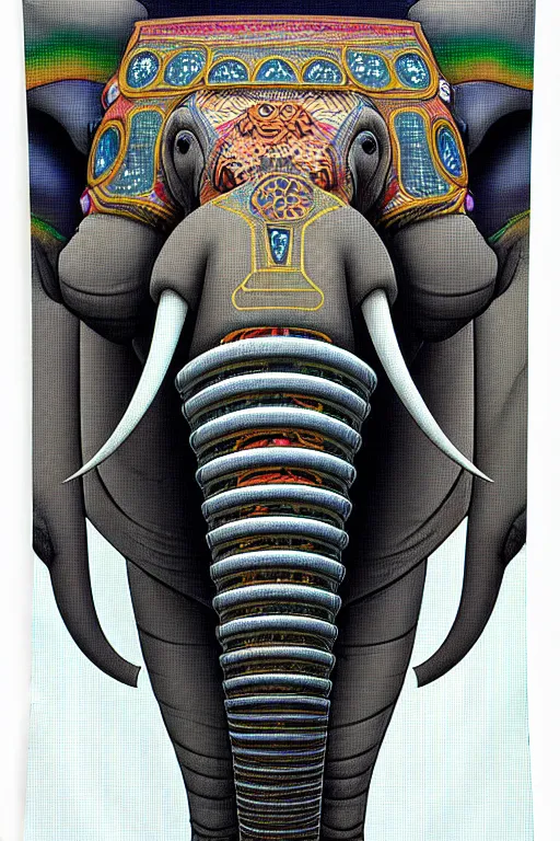 Image similar to a centered portrait of a robotic elephant headed biomechanical creature by clogtwo and subjekt zero. intricate detailed sharp clean textured very ornated. indian tapestry style. lowbrow color palette