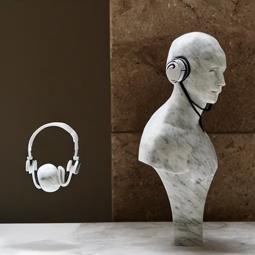 Image similar to a marble sculpture, using headphones in the bathroom