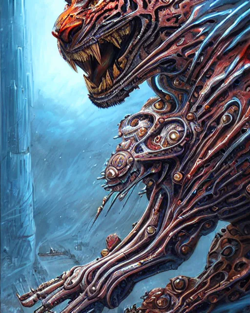 Image similar to bloody fleshmetal cyborg tiger, by antonio j. manzanedo, giger, alex grey, android jones, wayne barlowe, philippe druillet, raymond swanland, cyril rolando, josephine wall, harumi hironaka, trending on artstation