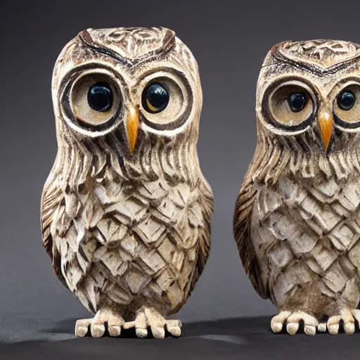 Prompt: ornate small owl idol made of bone with intricate carvings and photorealistic owl eyes. museum catalog photograph on dark background with exhibit label