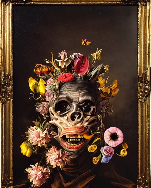 Image similar to refined gorgeous blended oil painting with black background by christian rex van minnen rachel ruysch dali todd schorr of a chiaroscuro portrait of an extremely bizarre disturbing mutated man made of still life flowers and rubber insects with shiny skin acne dutch golden age vanitas intense chiaroscuro cast shadows obscuring features dramatic lighting perfect symmetry perfect composition masterpiece