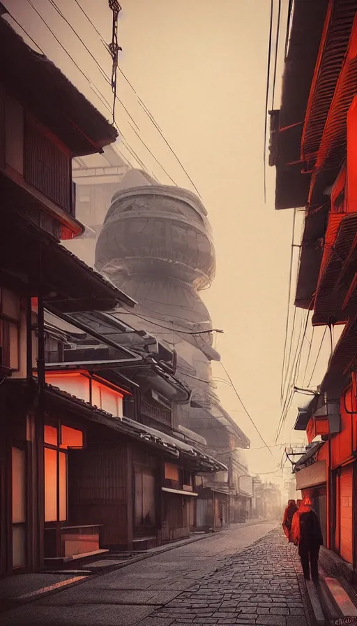 Image similar to nuclear winter, street of kyoto, near future, fantasy, sci - fi, hyper realistic, serene, morning.