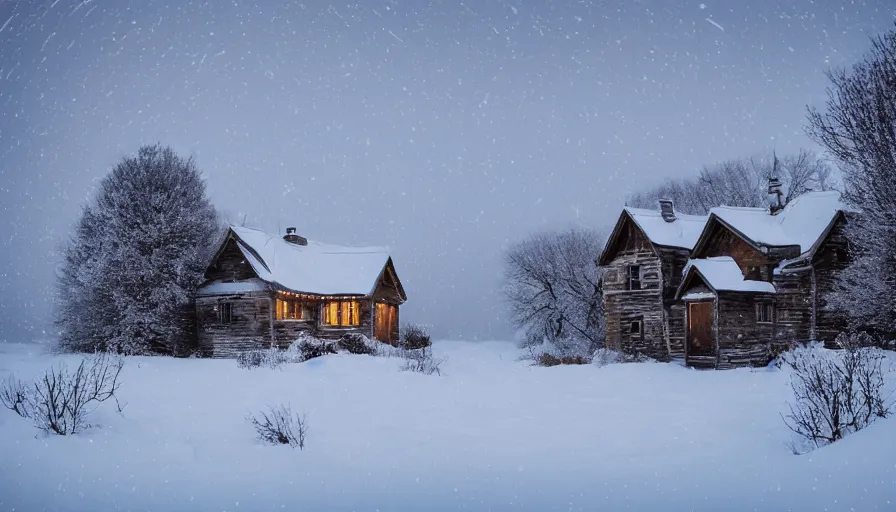 Image similar to A Desolate Cottage with light emitting from it snowed in in a wonderful winter landscape. Blizzard, Heavy snow falling, Snowstorm, Light Haze, Magical Lighting