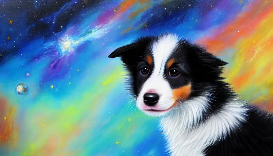 Prompt: highly detailed painting of cute baby border collie puppy wearing a spacesuit by william turner, thick brush strokes and visible paint layers, 4 k resolution, outer space nebula background