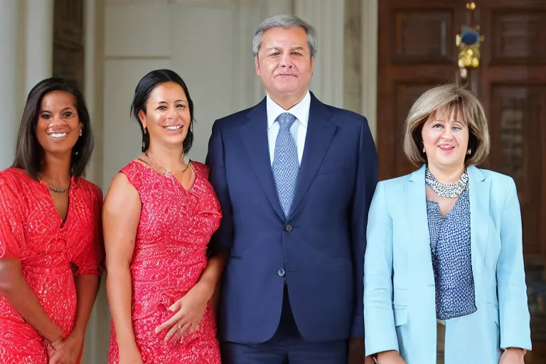 Image similar to full body official photo portrait of a prime minister and his two girlfriends