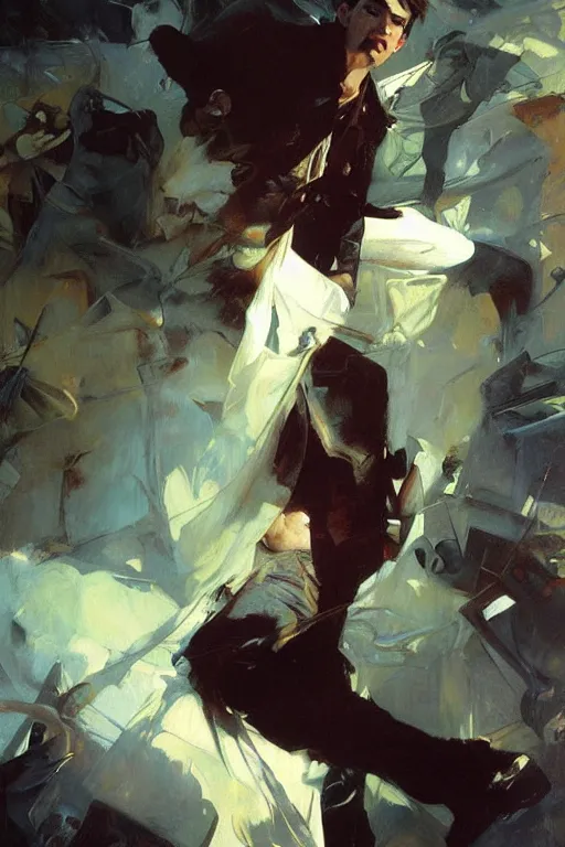 Image similar to nathan fielder, motion lines, action lines, painting by'phil hale '!!! gaston bussiere, craig mullins, greg rutkowski, alphonse mucha,