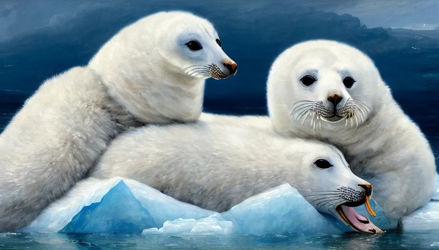 Image similar to highly detailed painting of cute furry white baby seal goose lions cuddling into each other on a blue and white iceberg by william turner, by greg rutkowski, by william constable, thick brush strokes and visible paint layers, 4 k resolution